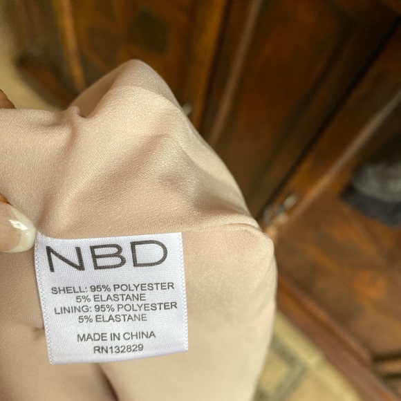 NBD Medium Peach Beige Off Shoulder Faux Wrap Dress. - Picture 6 of 6